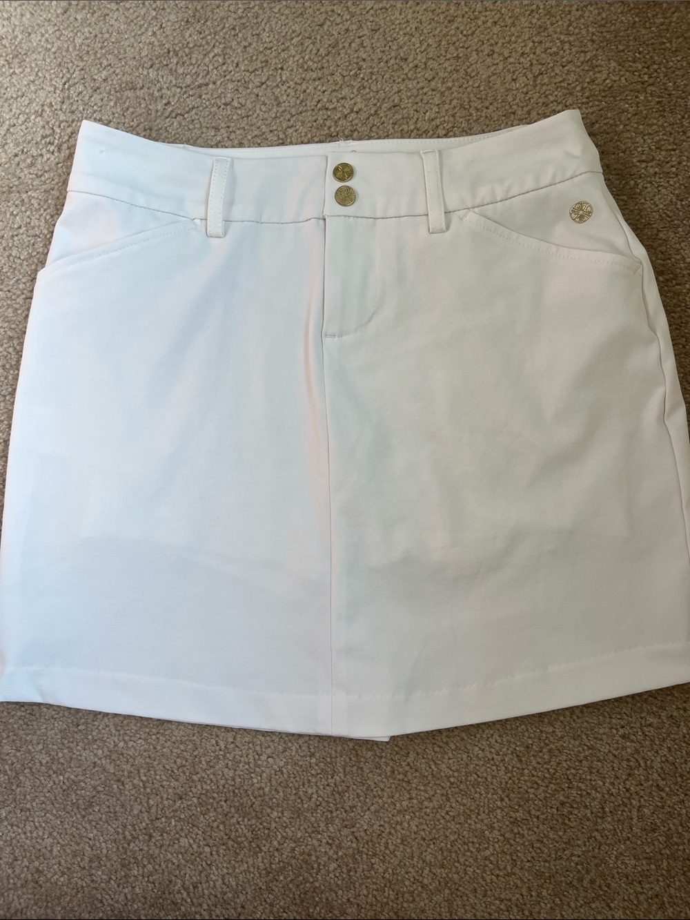 Lilly Pulitzer White Luxletic Skort with Gold Logo and Buttons